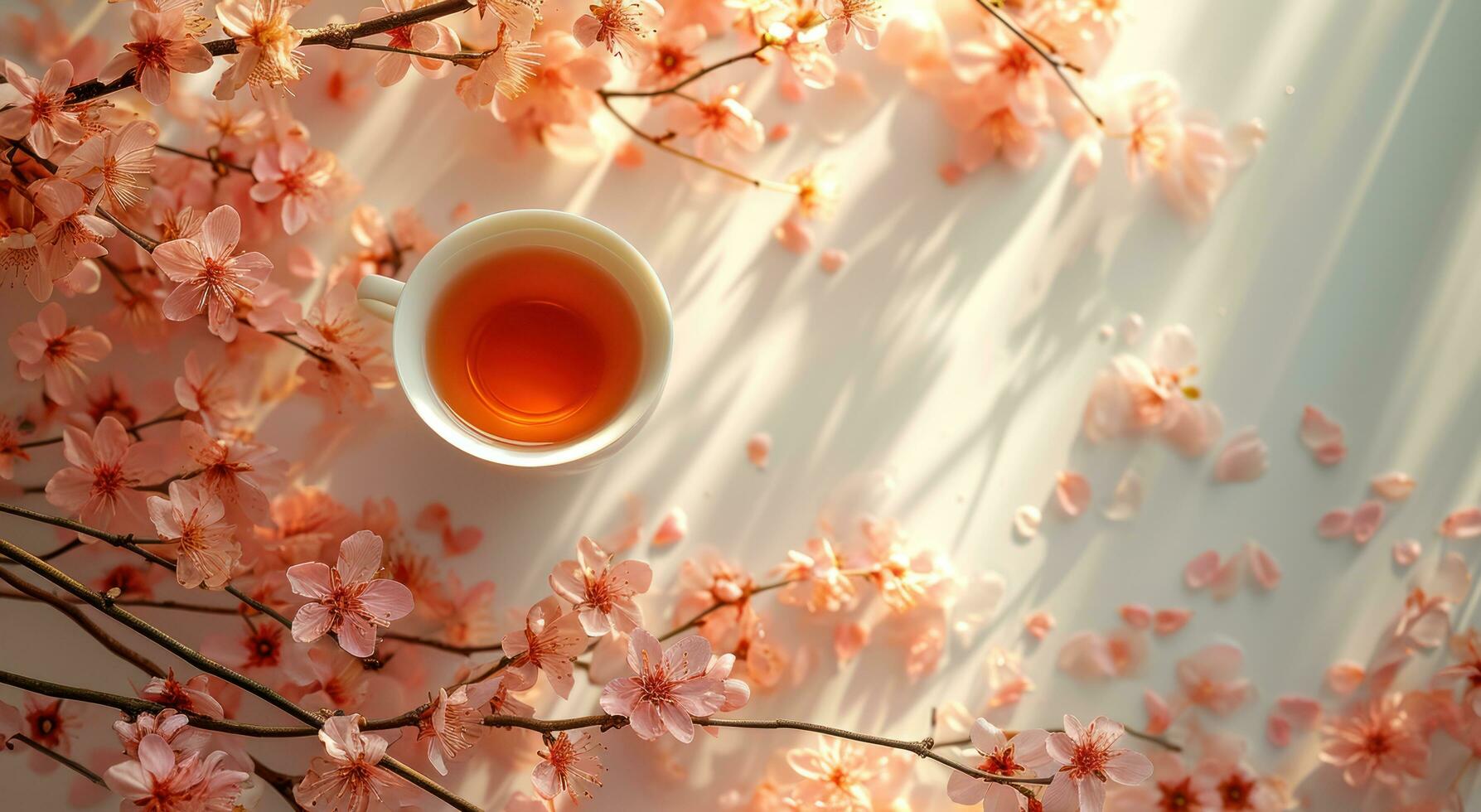 AI generated a cup of tea is on top a white table with floral branches photo