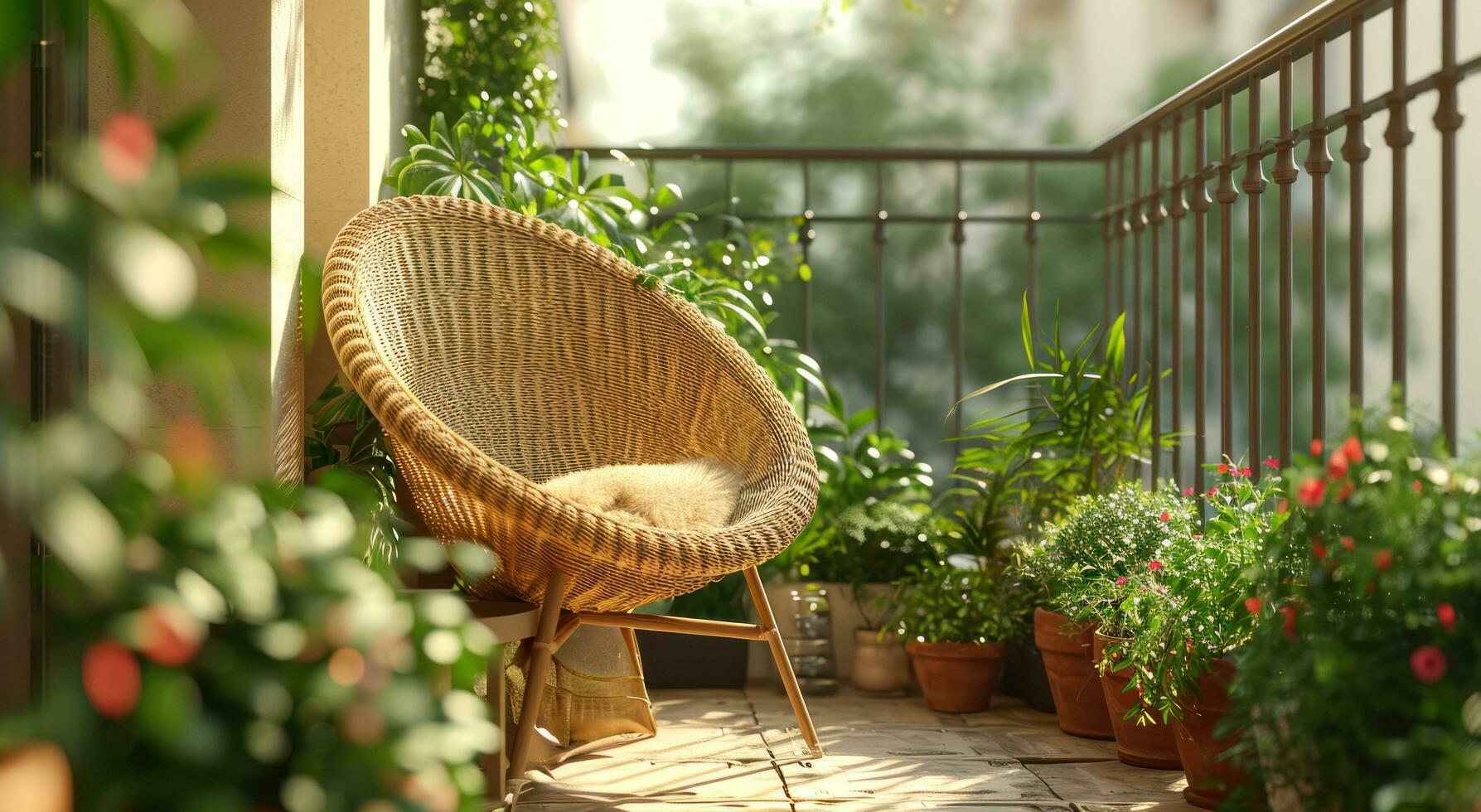 ai generado un balcón con un pequeño balcón área, lleno con plantas foto