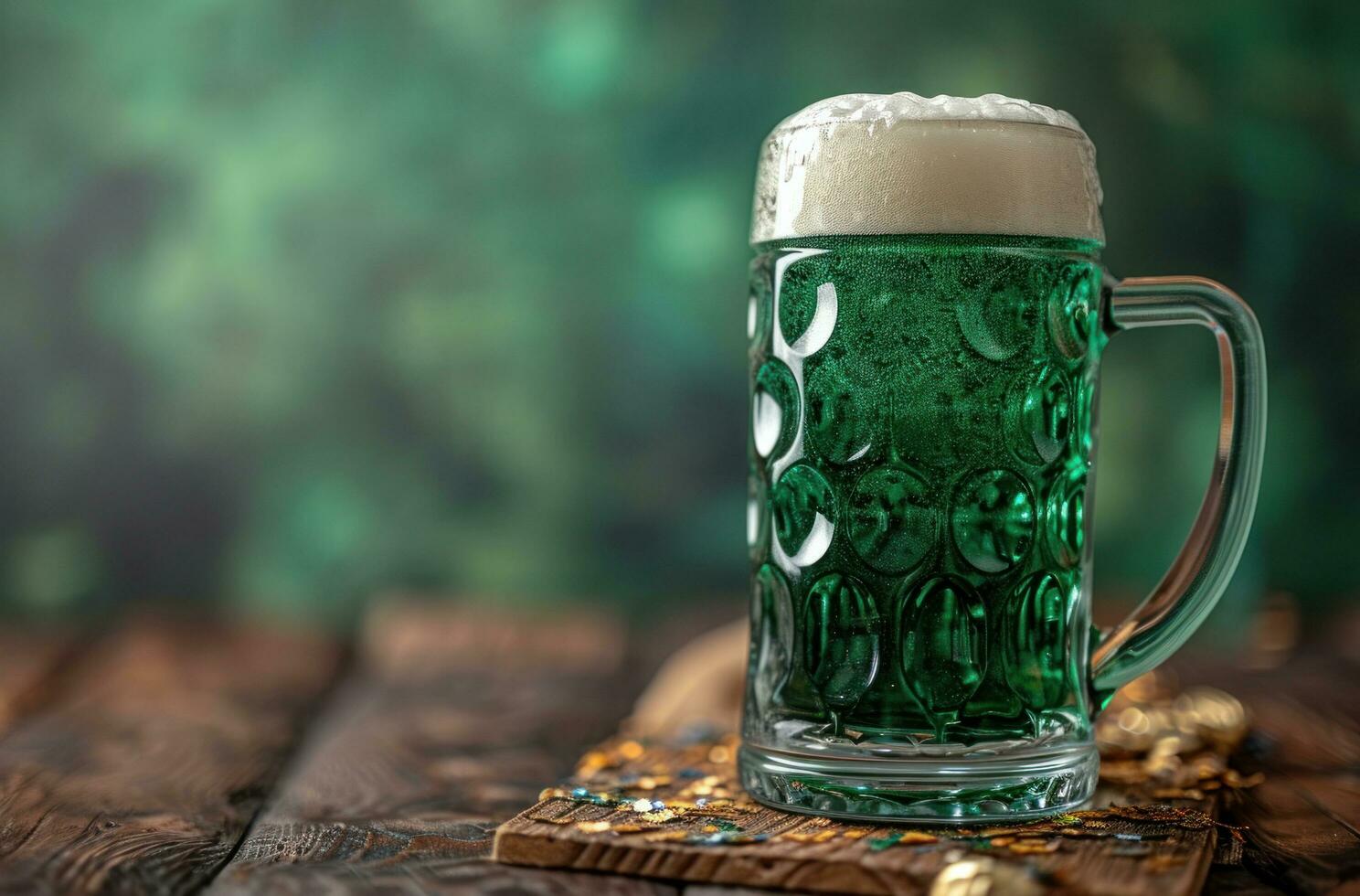 AI generated a merry st patrick's day beer at a wooden table photo