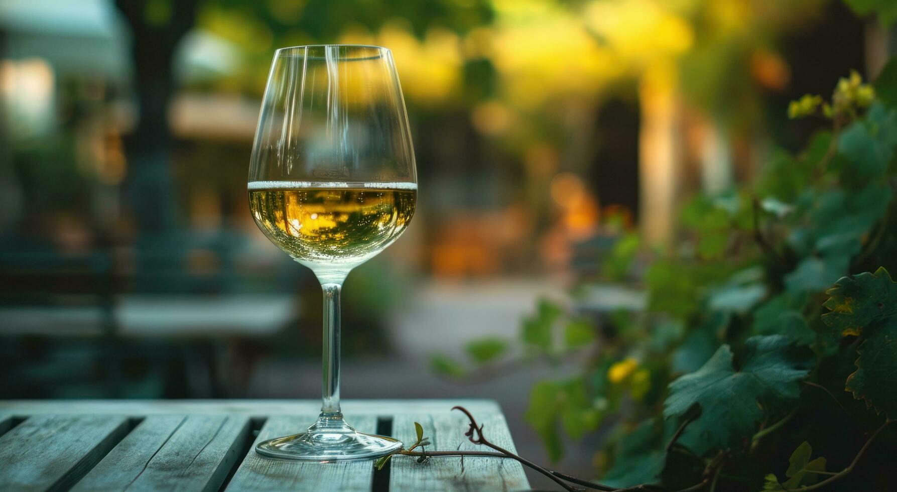 AI generated a glass of white wine is laying on a table outdoors photo