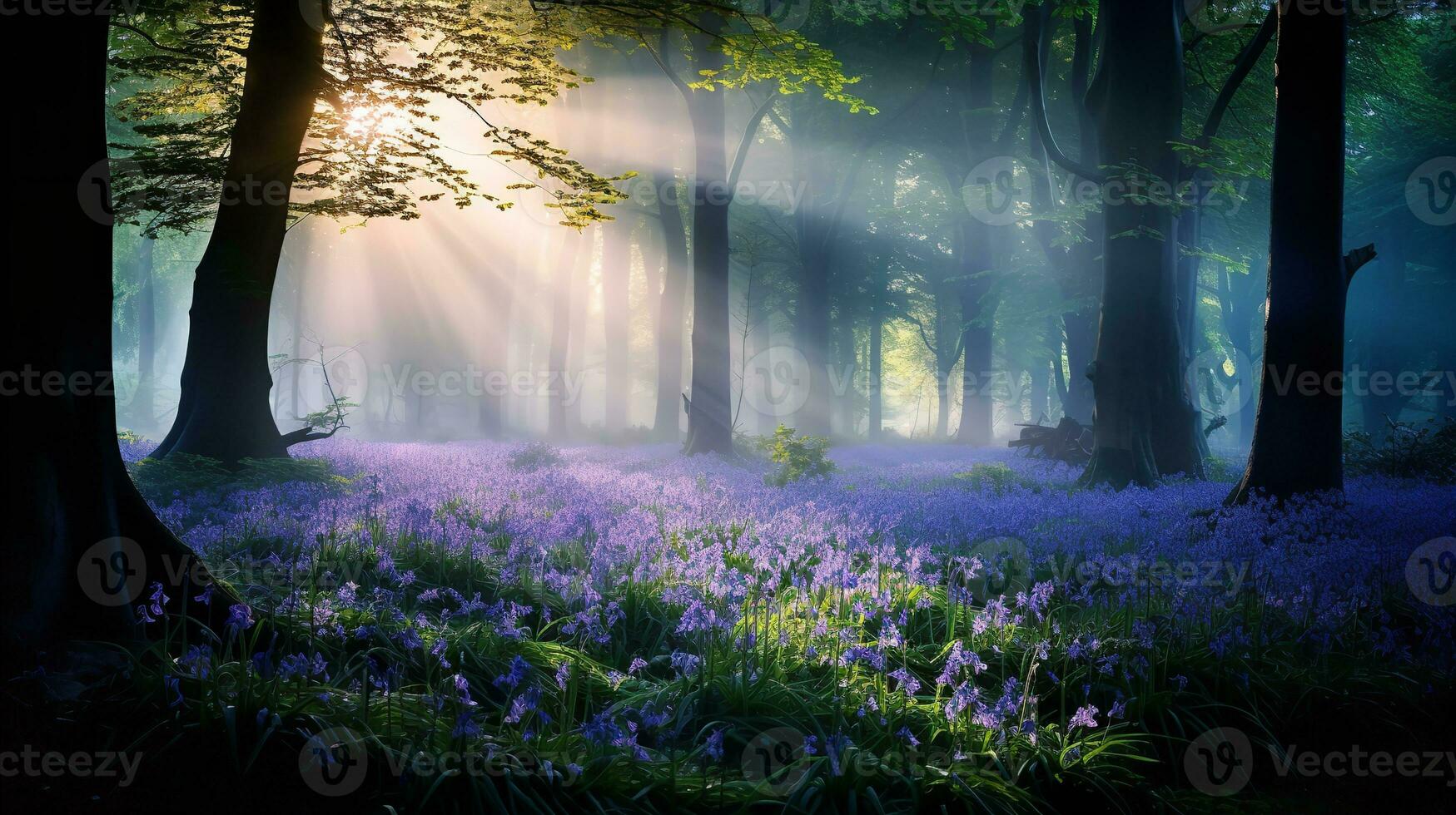 AI generated Misty Bluebell Wood at Dawn - AI Generated photo