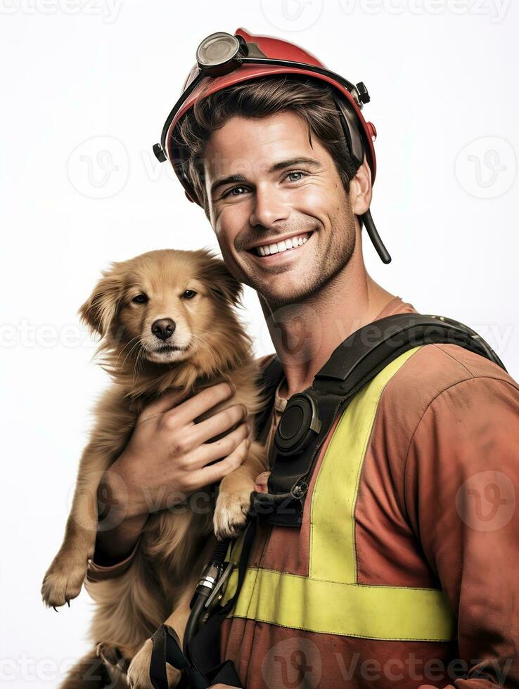 ai generado valiente masculino bombero en acción, ai generado foto