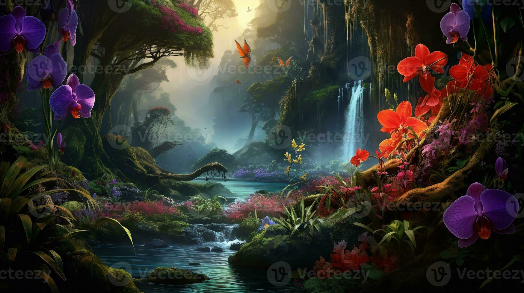 AI generated Tropical Orchid Field and Waterfall - AI Generated photo