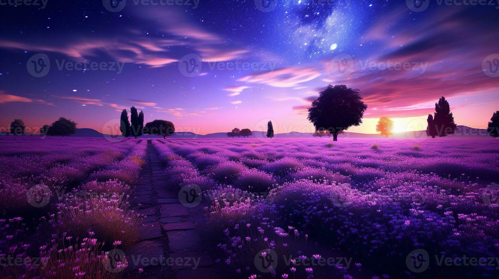 AI generated Moonlit Lavender Field and Starry Sky - AI Generated photo