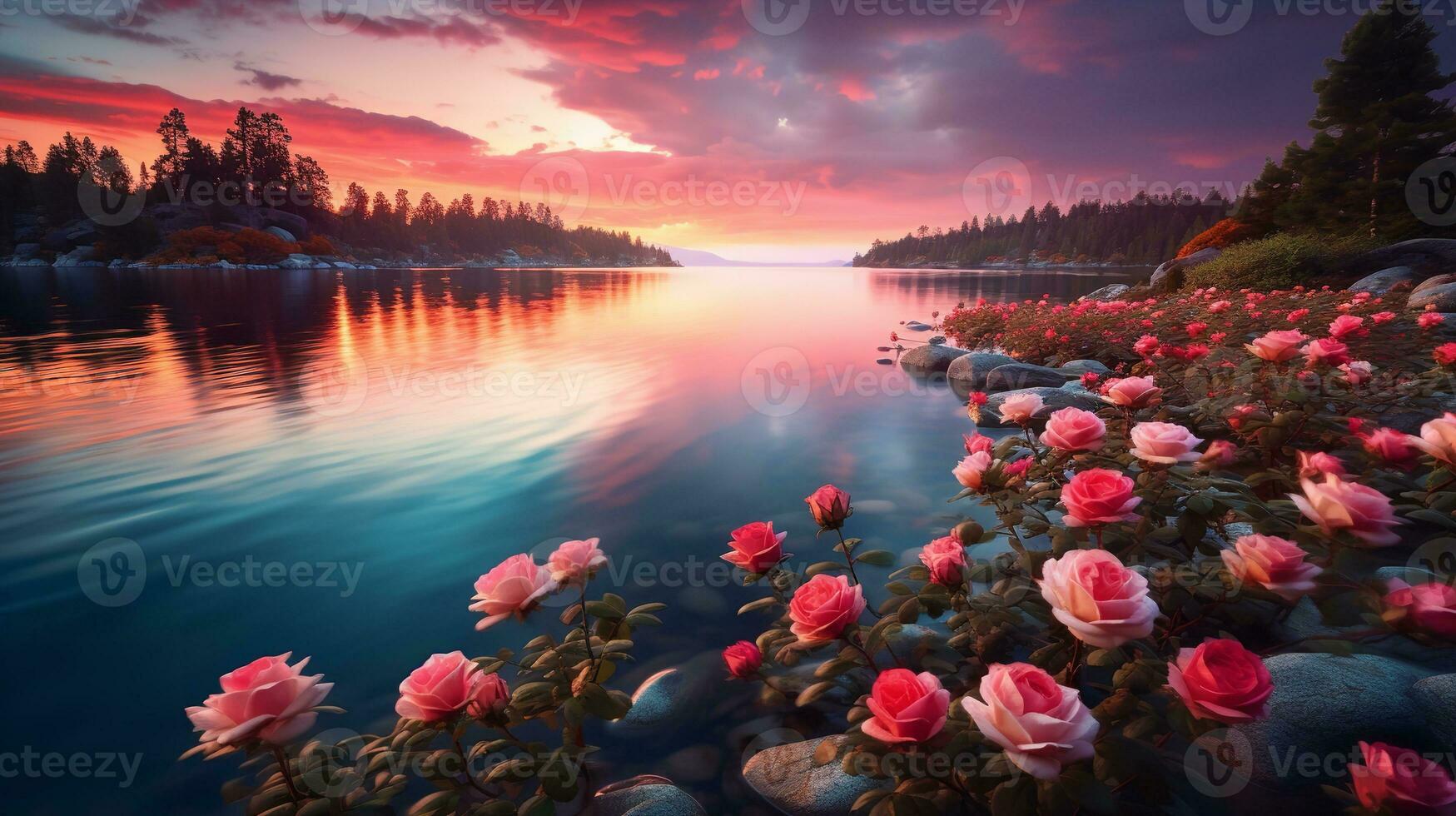 AI generated Lakeside Rose Field Elegance - AI Generated photo