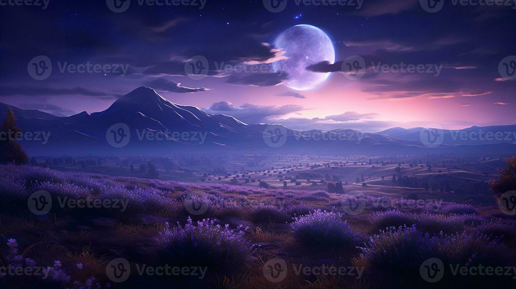 ai generado de luna lavanda campo y estrellado cielo - ai generado foto