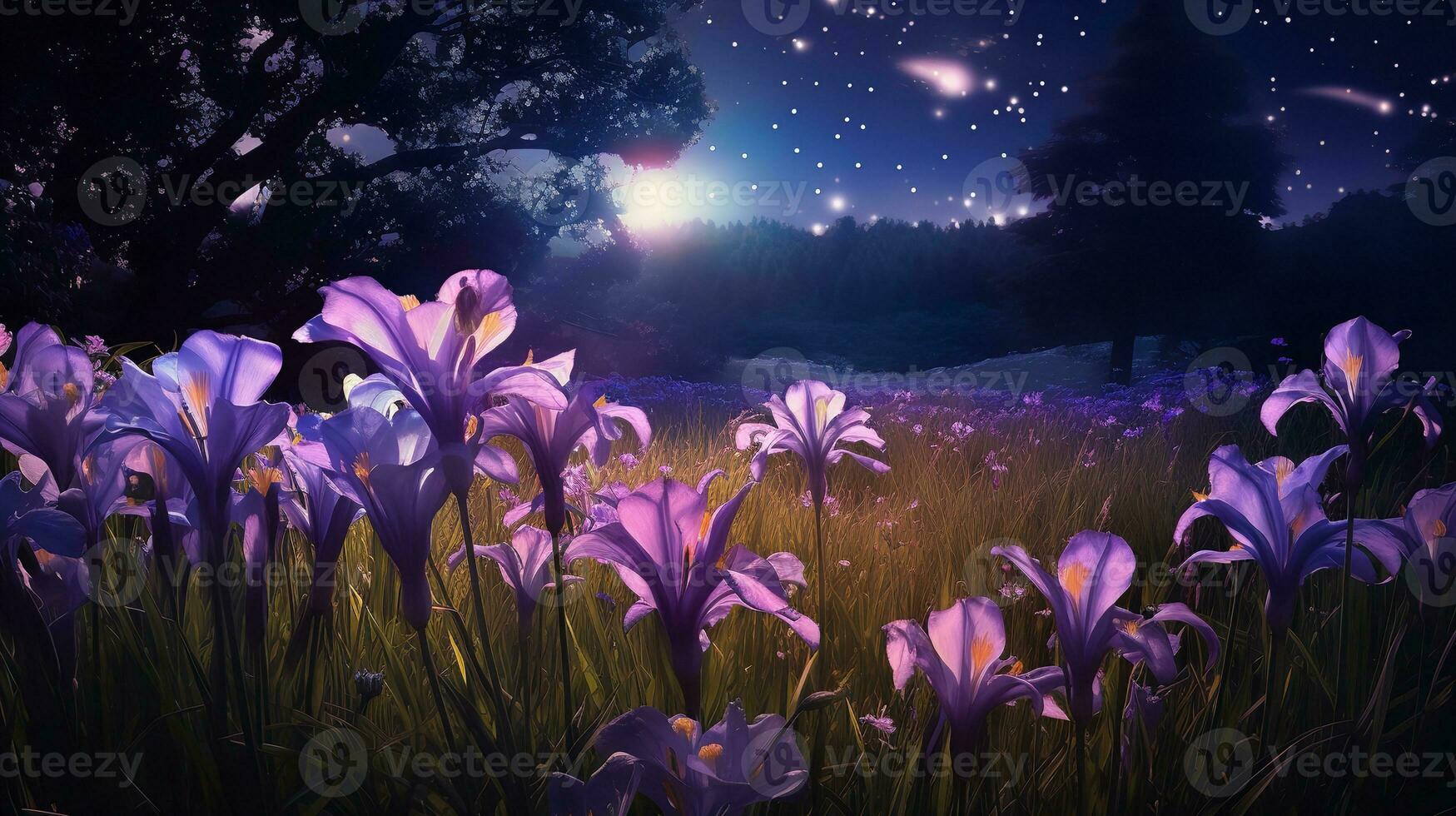 AI generated Moonlit Iris Field and Fireflies - AI Generated photo