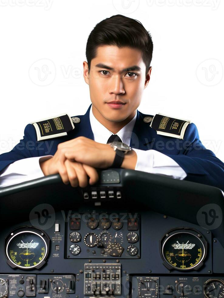 AI generated Skilled Male Pilot Navigating Aircraft, AI Generated photo