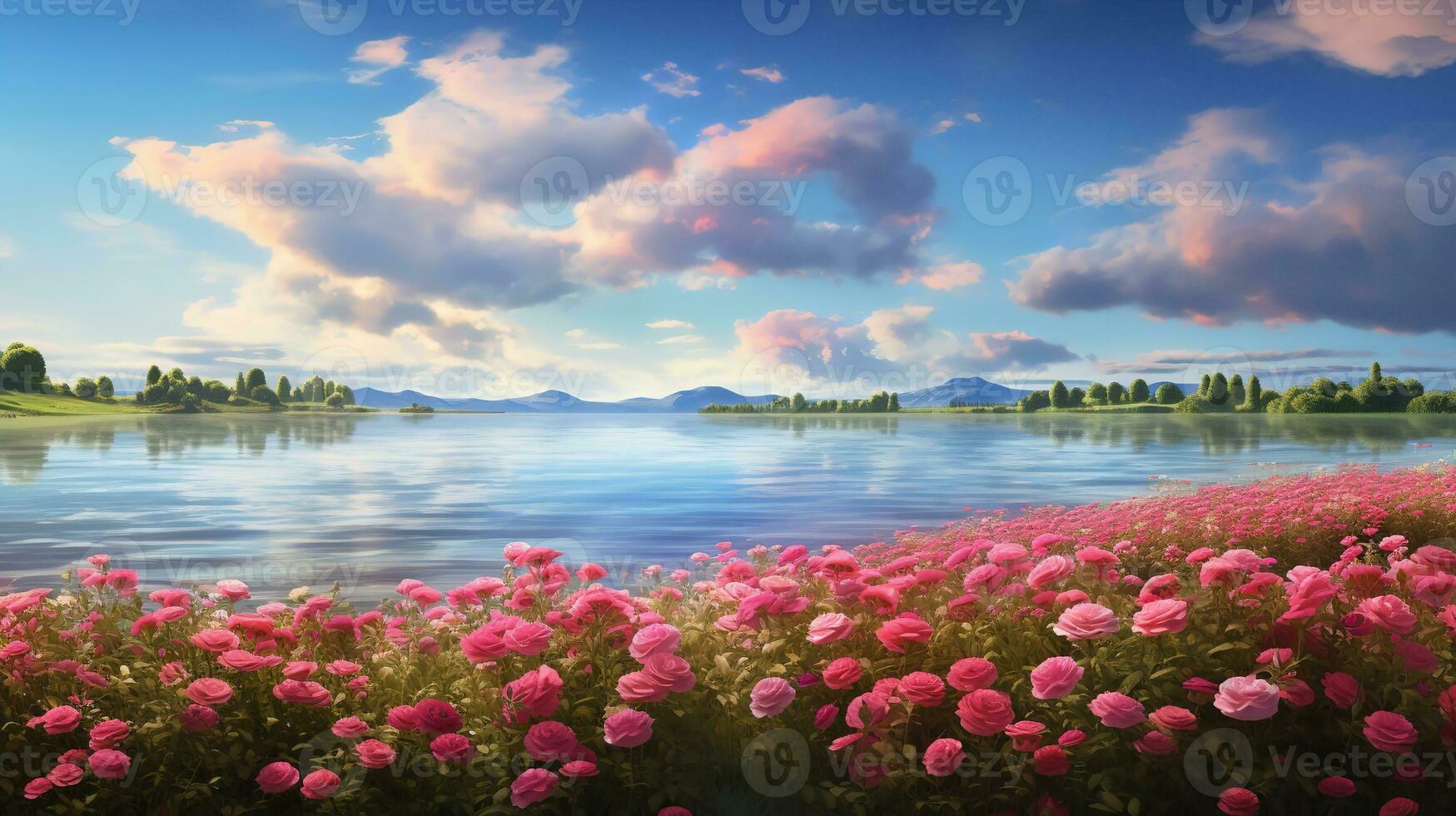 AI generated Lakeside Rose Field Elegance - AI Generated photo
