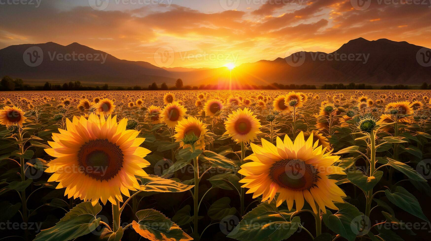 AI generated Sunflower Field Against Mountain Backdrop - AI Generated photo