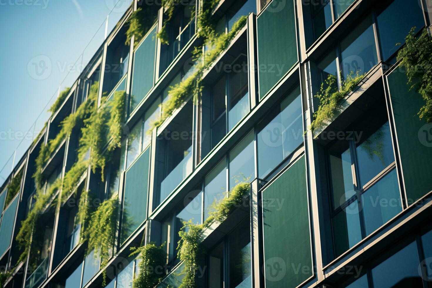 AI generated Eco-friendly building in the modern city. Sustainable glass office building with tree for reducing carbon dioxide. Office building with green environment. Corporate building reduce CO2. photo