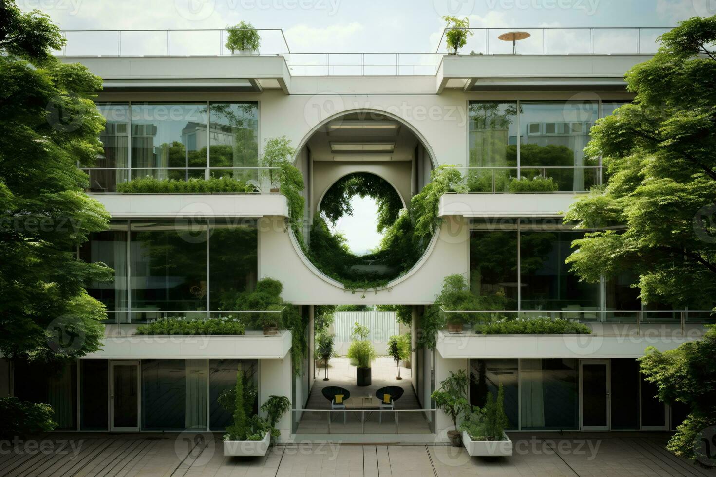 AI generated Sustainable green building. Eco-friendly building. Sustainable glass building with vertical garden reducing carbon dioxide. Green architecture. Green environment. Sustainable lifestyle. photo