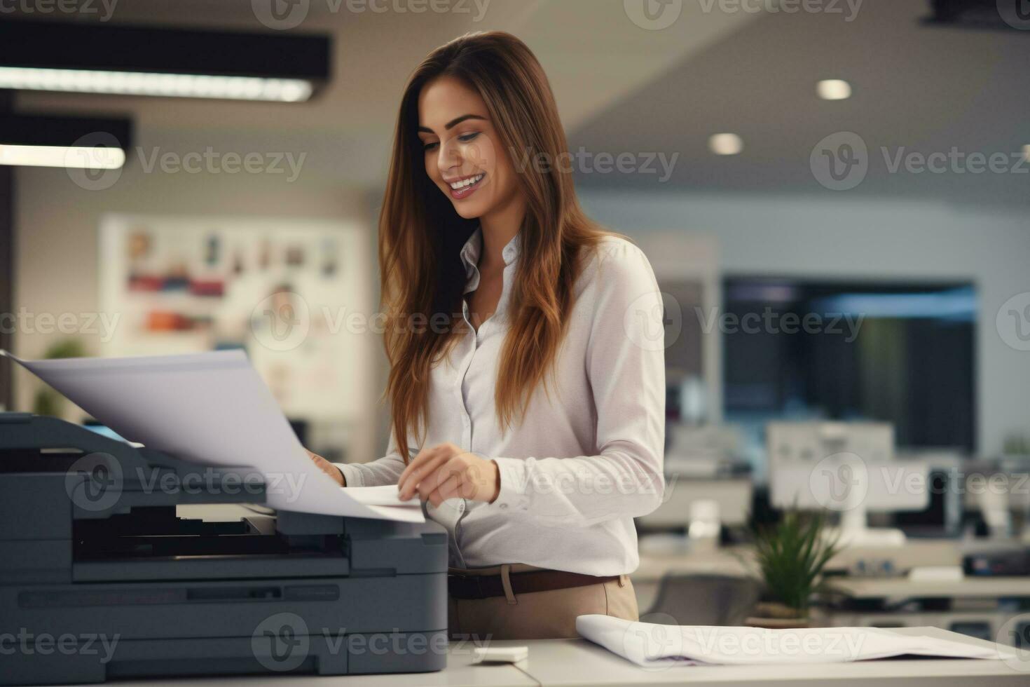 AI generated Office worker prints paper on multifunction laser printer. Document and paperwork concept. Secretary work. Smiling woman working in business office. Copy, print, scan, and fax machine. photo