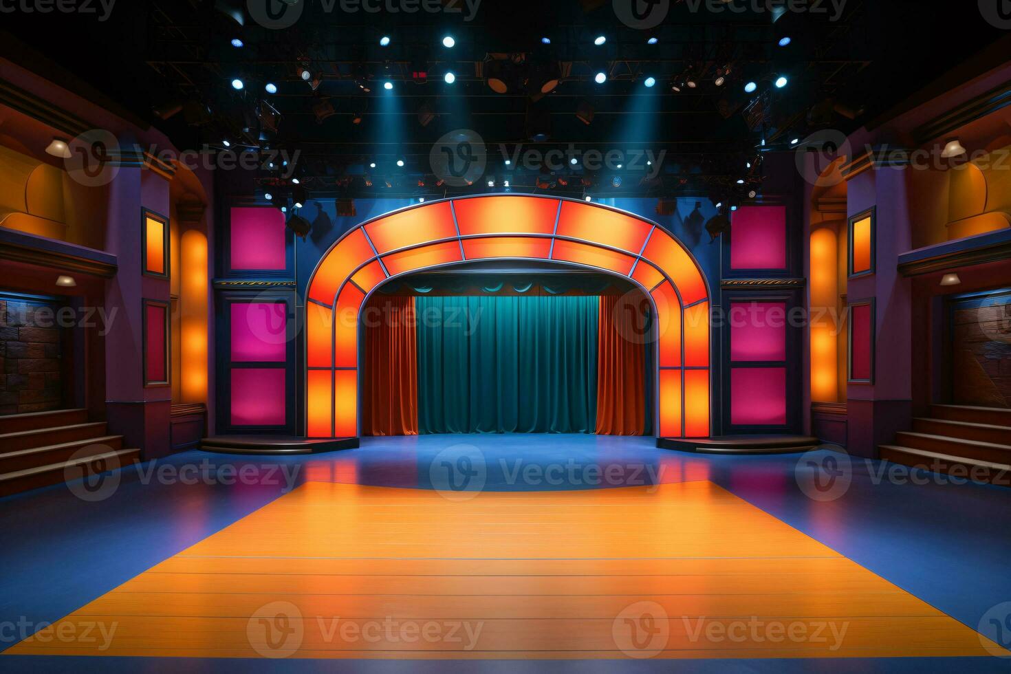 AI generated Theater stage light background with spotlight illuminated the stage for opera performance. Stage lighting. Empty stage with bright colors backdrop decoration. Entertainment show. photo