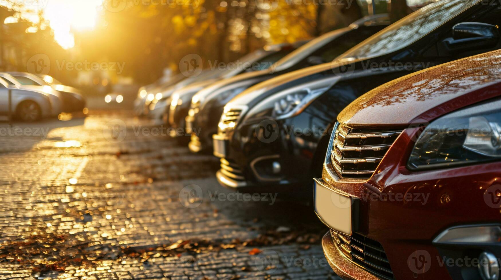 AI generated Car parked at outdoor parking lot. Used car for sale and rental service. Car insurance background. Automobile parking area. Car dealership and dealer agent concept. Automotive industry. photo