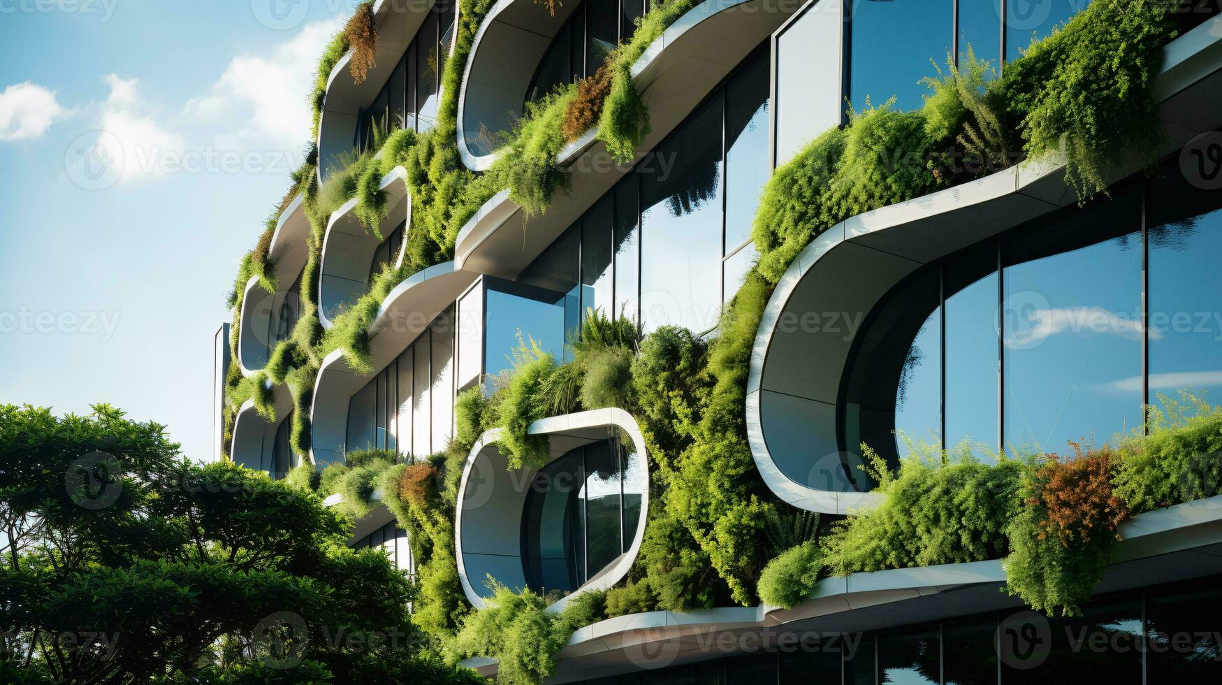 AI generated Eco-friendly building in the modern city. Sustainable glass office building with tree for reducing carbon dioxide. Office building with green environment. Corporate building reduce CO2. photo