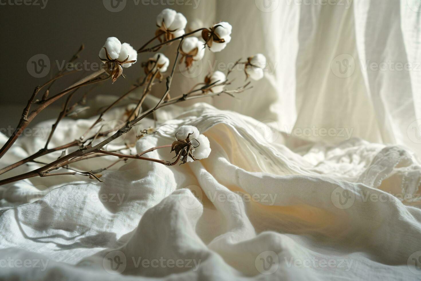 AI generated White cotton flowers on white cotton fabric background for sustainable fashion or organic products. Eco-friendly textile. Environmentally conscious choice. Natural cotton fabric textile. photo