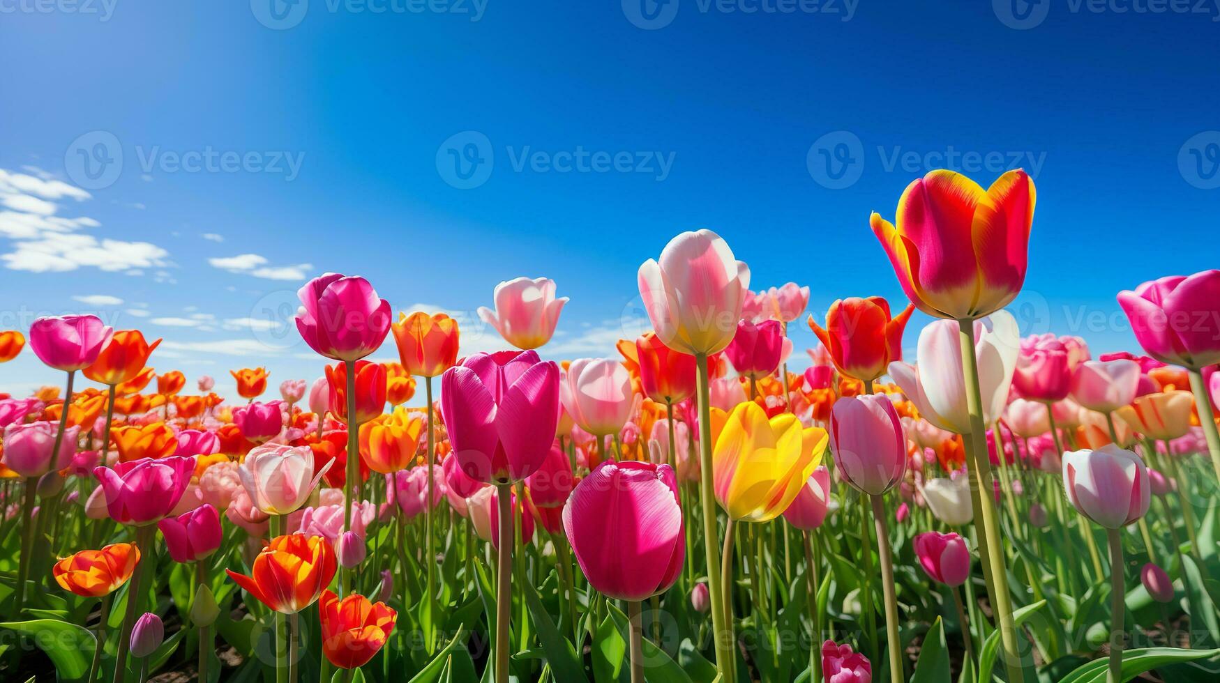 AI generated Spring Tulip Delight Under Blue Sky - AI Generated photo