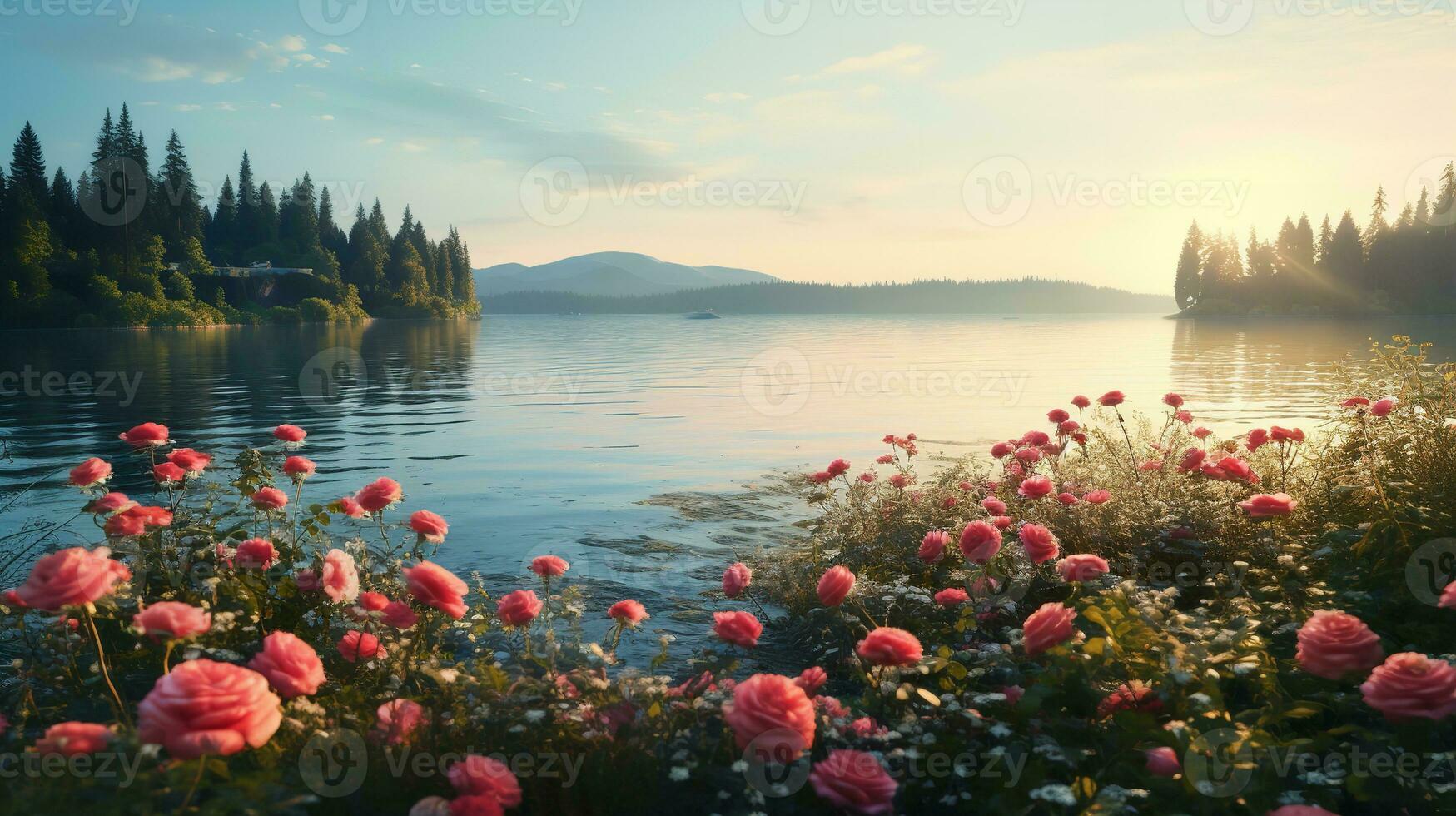AI generated Lakeside Rose Field Elegance - AI Generated photo