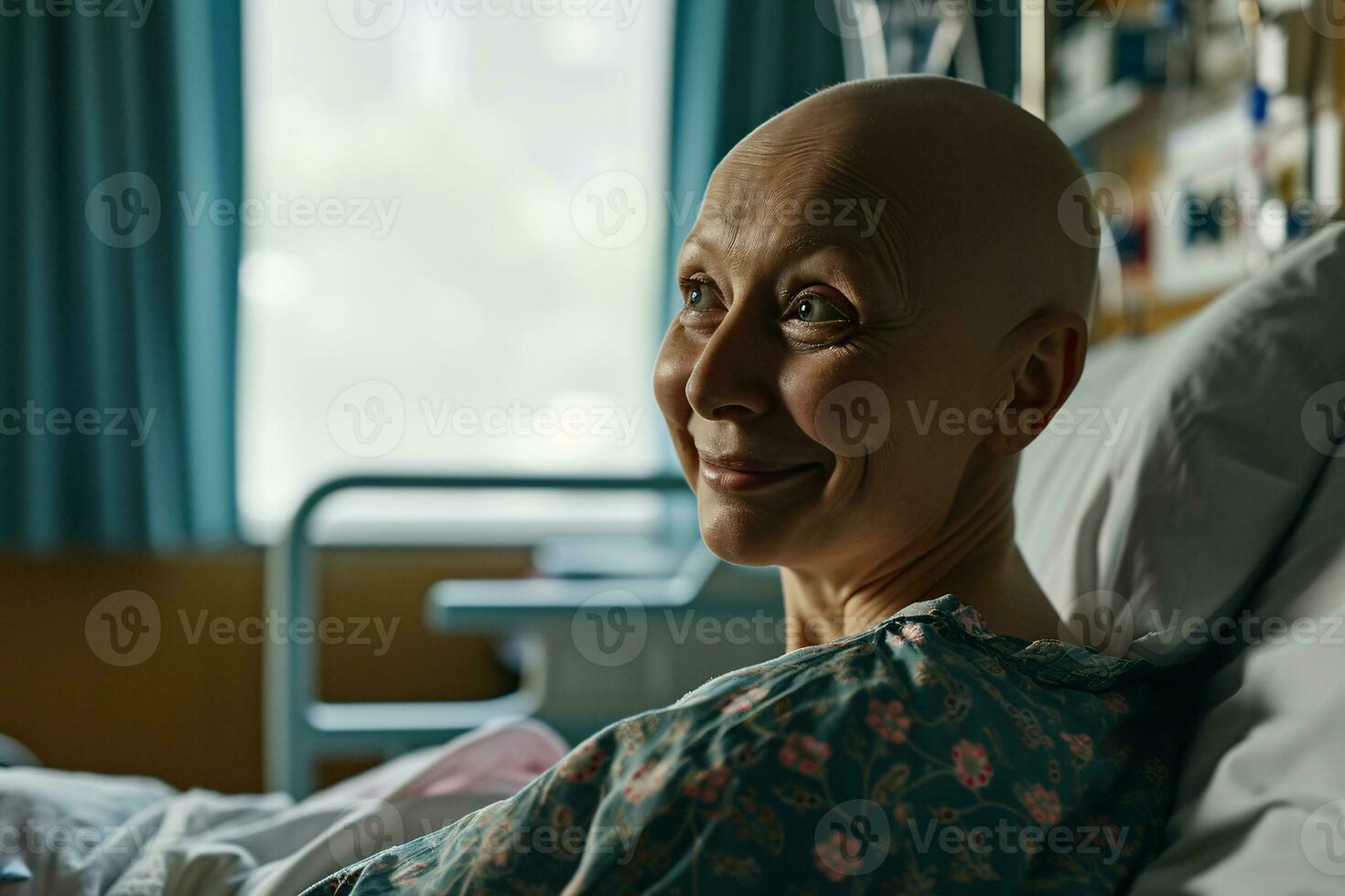 AI generated Portrait of happy breast cancer patient. Smiling bald woman after chemotherapy treatment in hospital room. Breast cancer recovery. Breast cancer survivor. Breast cancer awareness month. photo