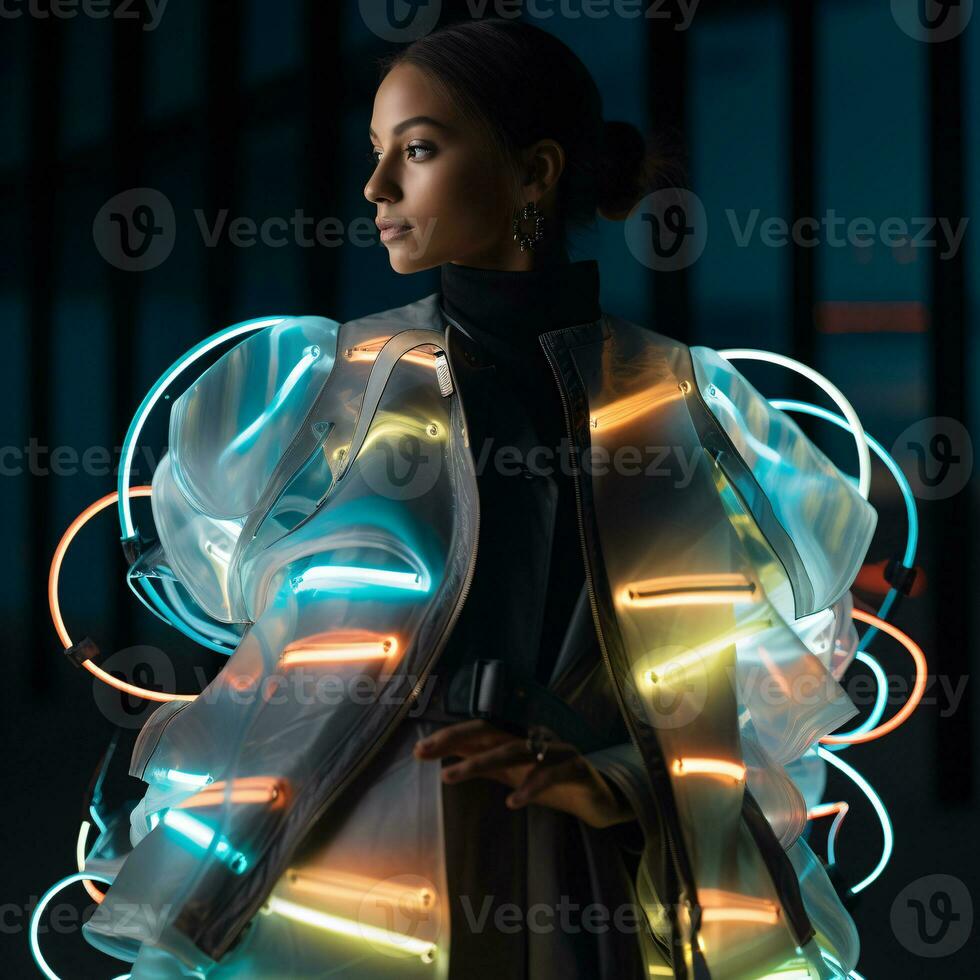 AI generated Sustainable fashion with flexible batteries and smart textiles. Flexible battery power in clothing industry. Wearable technology. Wearable innovation. A model wearing futuristic outfit. photo