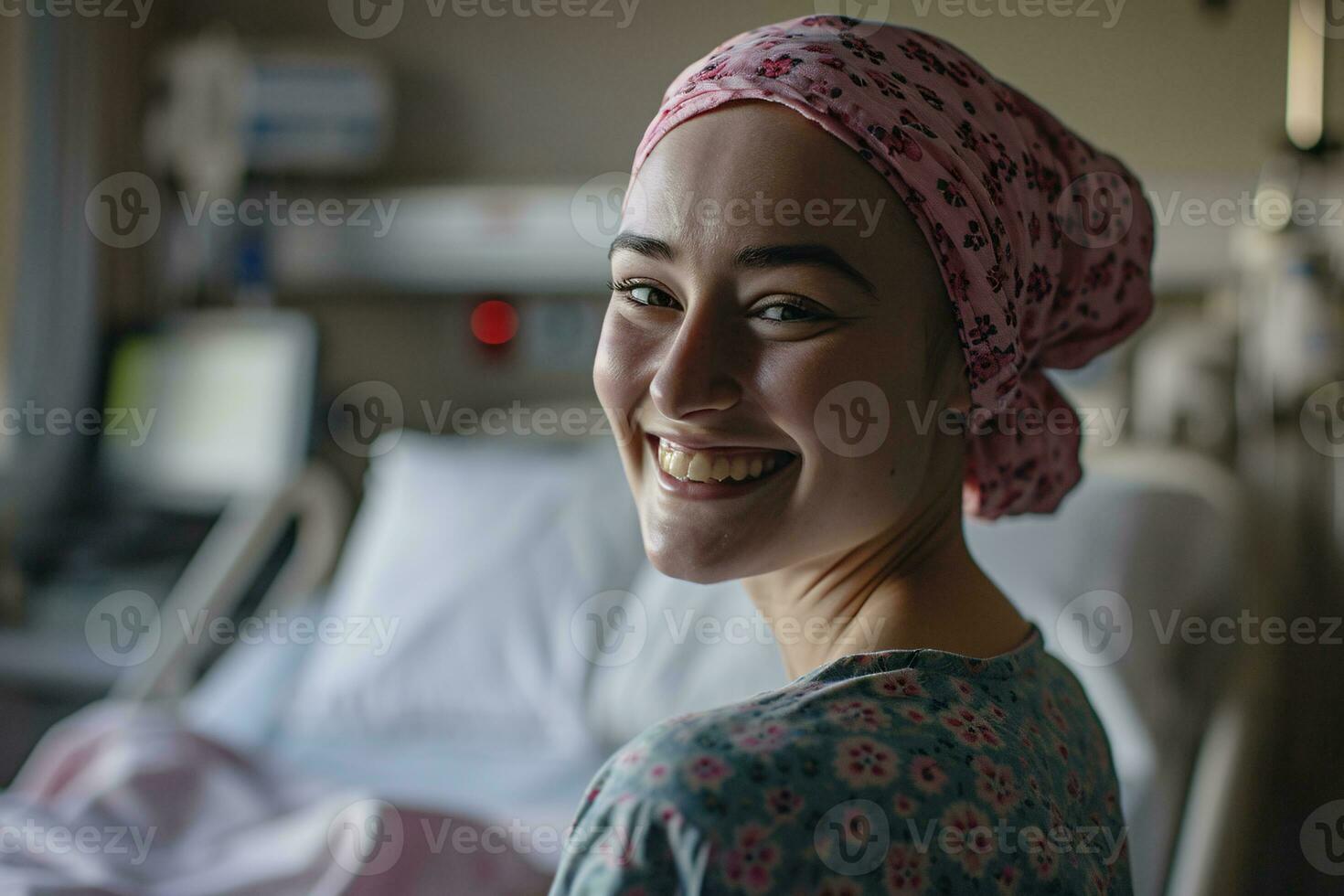 AI generated Happy cancer patient. Smiling woman after chemotherapy treatment at hospital oncology department. Breast cancer recovery. Breast cancer survivor. Smiling bald woman with pink headscarf. photo