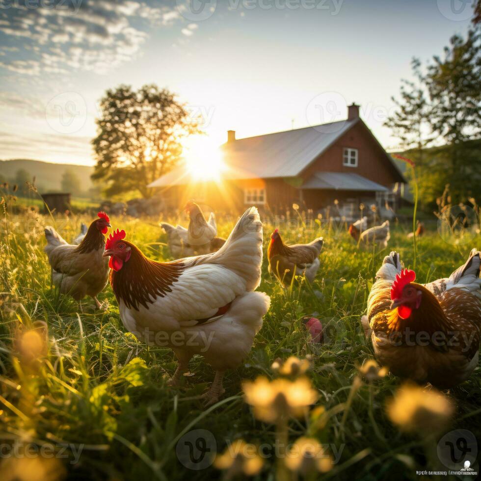 AI generated Free range chicken farm and sustainable agriculture. Organic poultry farming. Chickens roaming free in sustainable and animal-friendly farm. Free range bird in agriculture grass field. photo