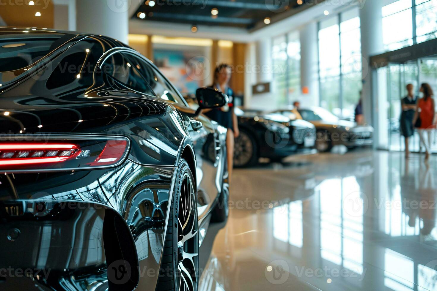 AI generated Closeup new black car parked in luxury showroom. Car dealership office. New car parked in modern showroom. Car for sale and rent business. Automobile leasing and insurance background. photo