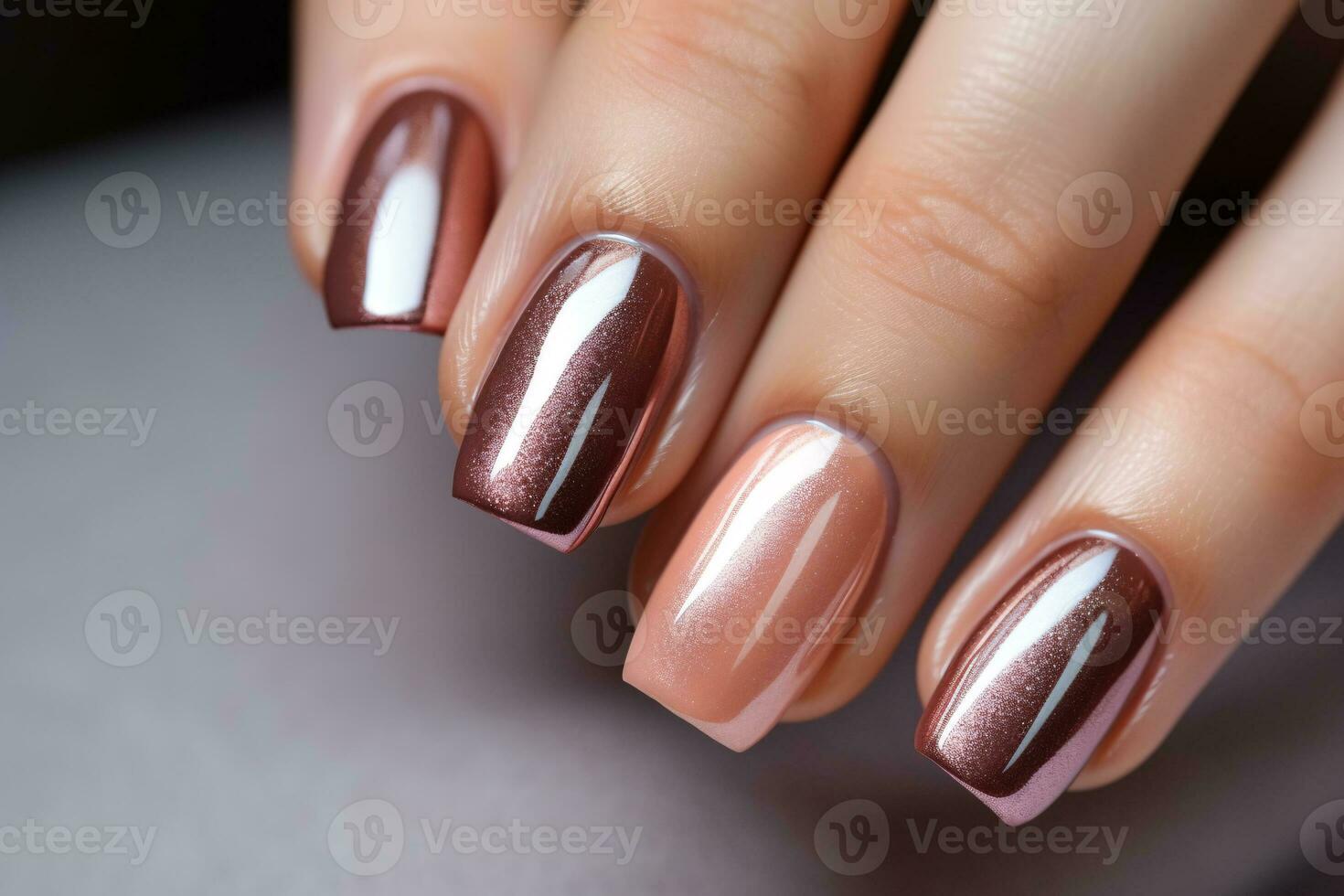 AI generated Glamour woman hand with brown nail polish on her fingernails. Beige color nail manicure with gel polish at luxury beauty salon. Nail art and design. Female hand model. French manicure. photo