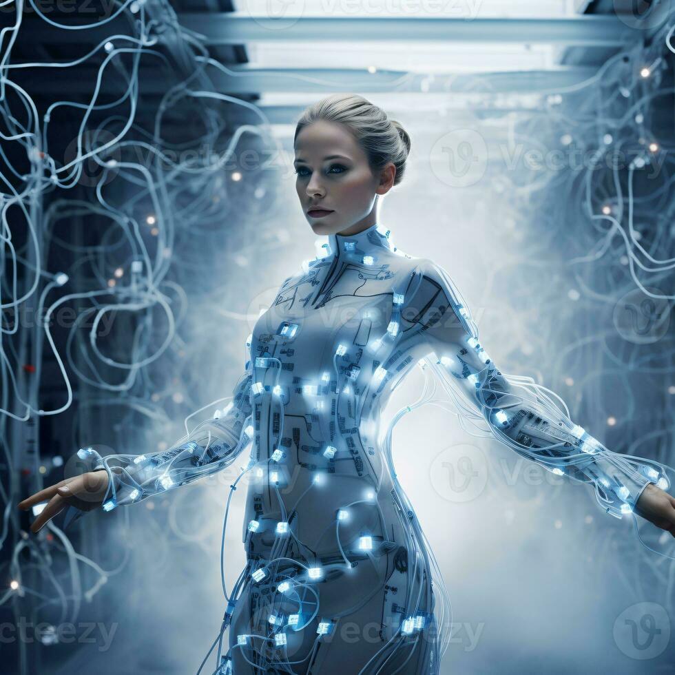 AI generated Sustainable fashion with flexible batteries and smart textiles. Flexible battery power in clothing industry. Wearable technology. Wearable innovation. A model wearing futuristic outfit. photo