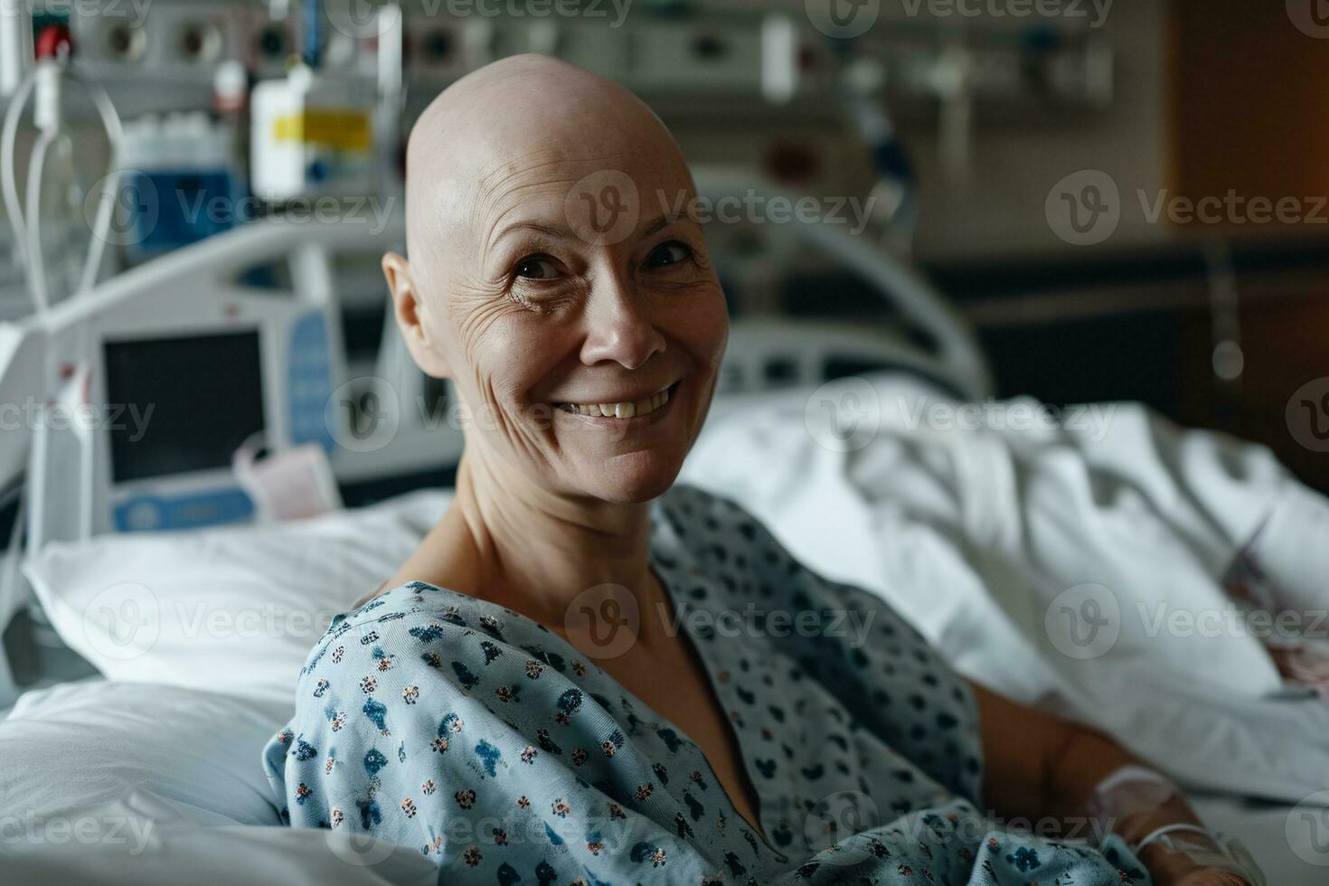 ai generado retrato de contento pecho cáncer paciente. sonriente calvo mujer después quimioterapia tratamiento en hospital habitación. pecho cáncer recuperación. pecho cáncer sobreviviente. pecho cáncer conciencia mes. foto