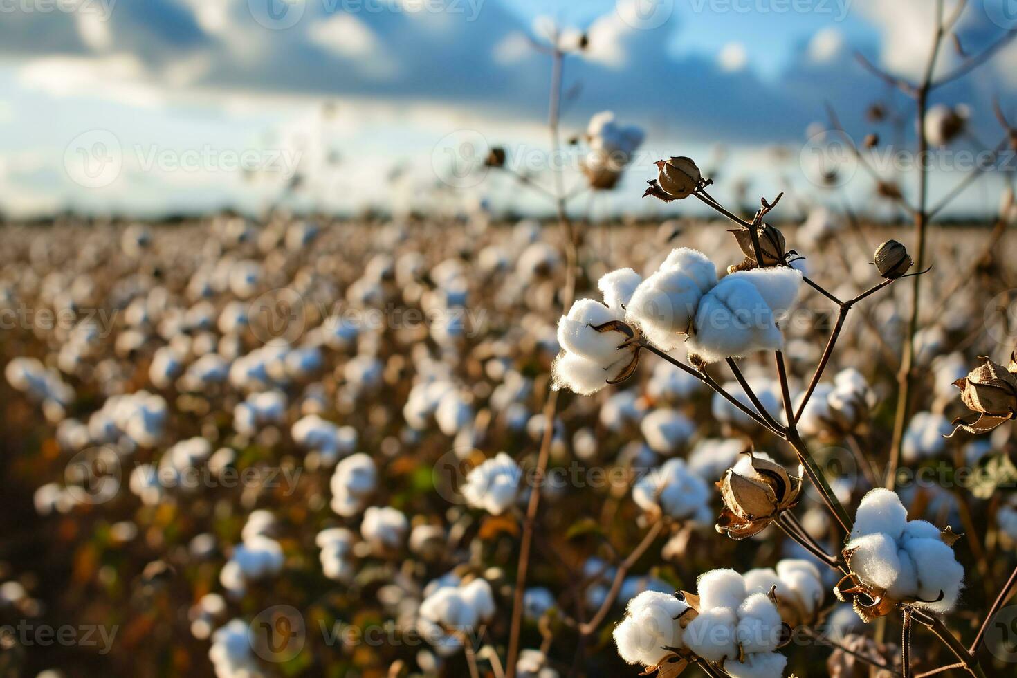 AI generated Cotton farm during harvest season. Field of cotton plants with white bolls. Sustainable and eco-friendly practice on a cotton farm. Organic farming. Raw material for textile industry. photo