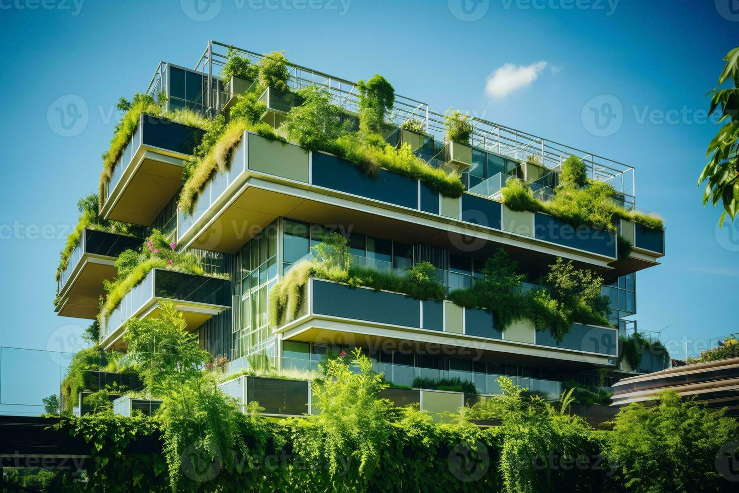 AI generated Eco-friendly building in the modern city. Sustainable glass office building with tree for reducing carbon dioxide. Office building with green environment. Corporate building reduce CO2. photo