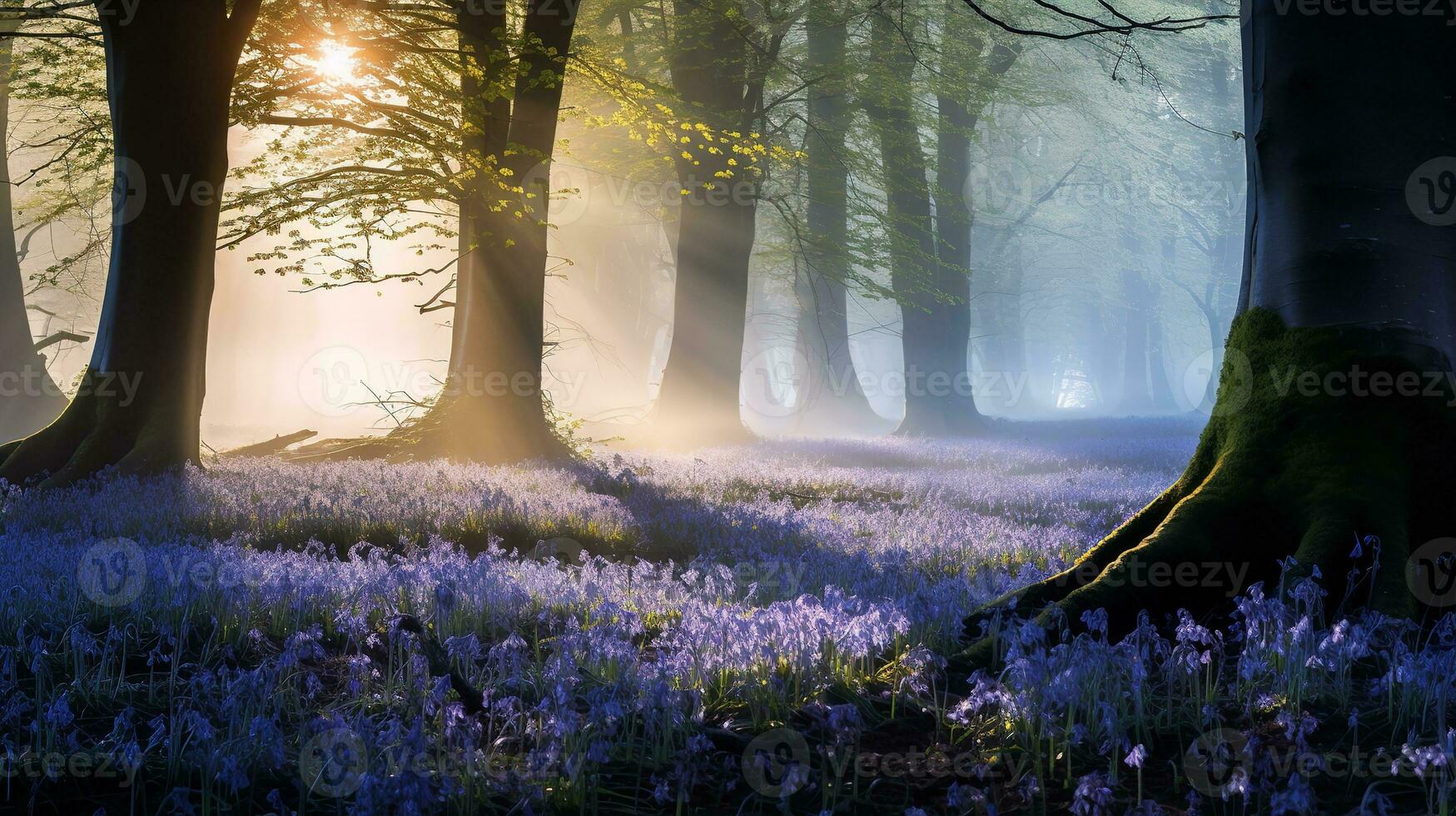 AI generated Misty Bluebell Wood at Dawn - AI Generated photo