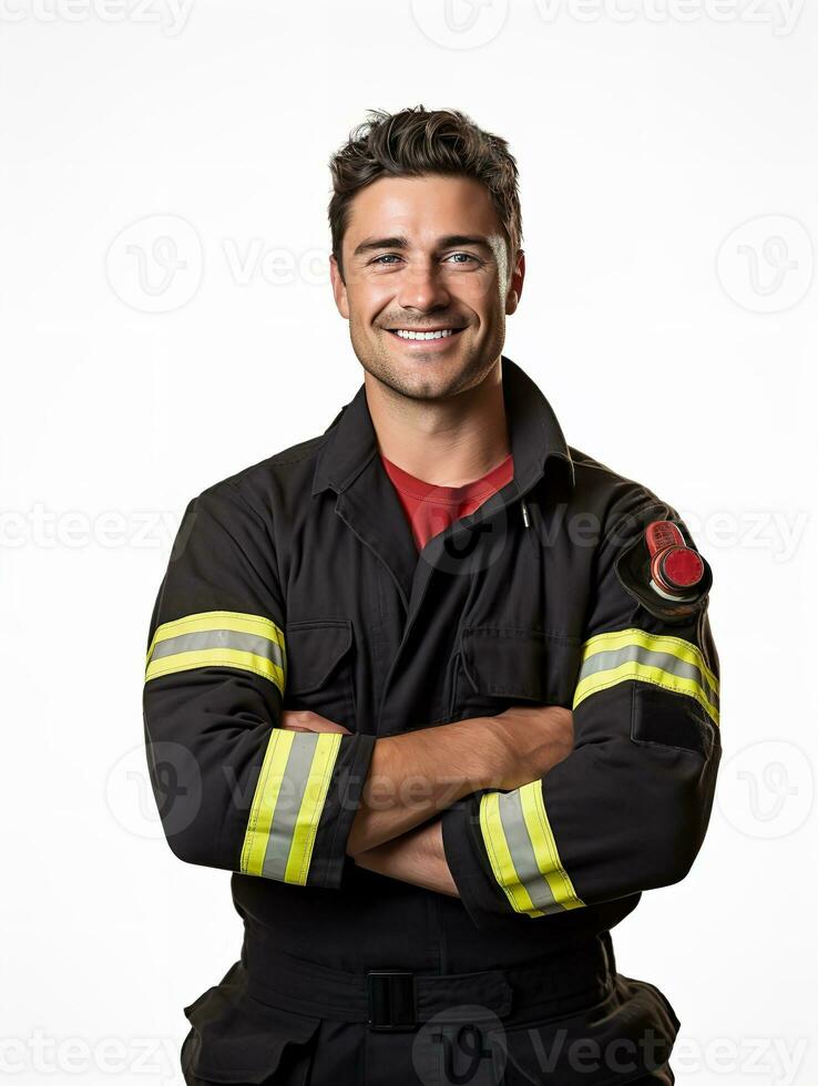 ai generado valiente masculino bombero en acción, ai generado foto