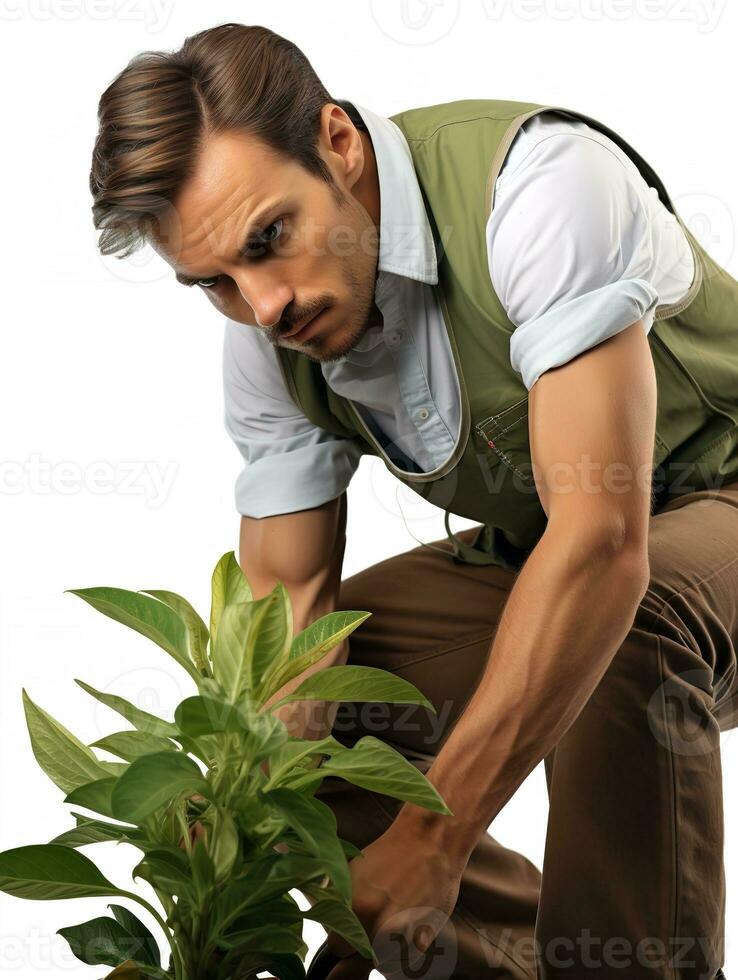 ai generado masculino jardinero tendiendo plantas, ai generado foto