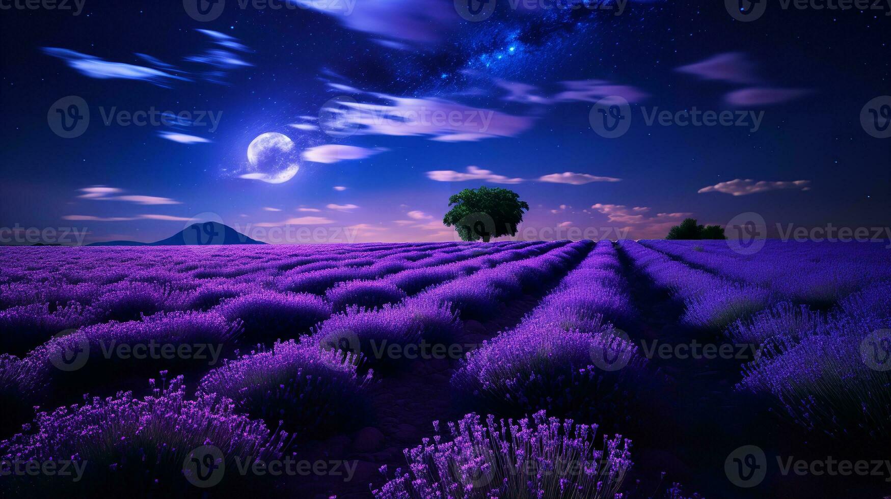 ai generado de luna lavanda campo y estrellado cielo - ai generado foto