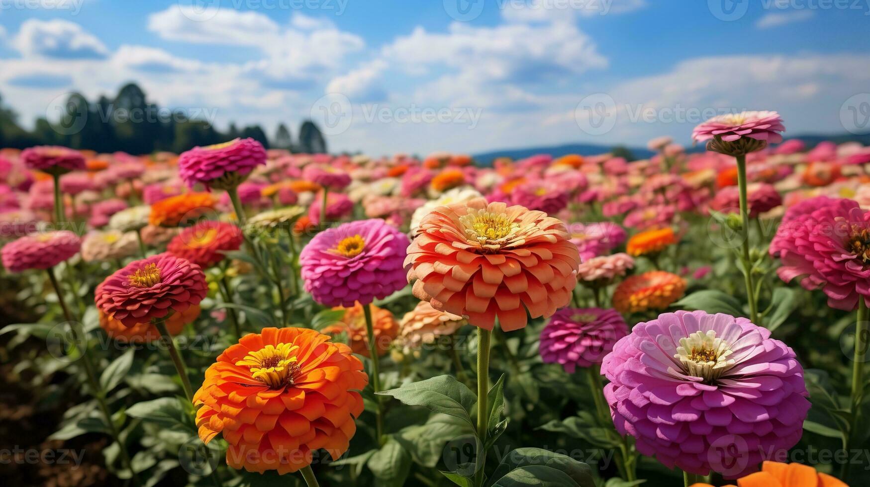 ai generado tarde verano zinnia campo resplandor - ai generado foto