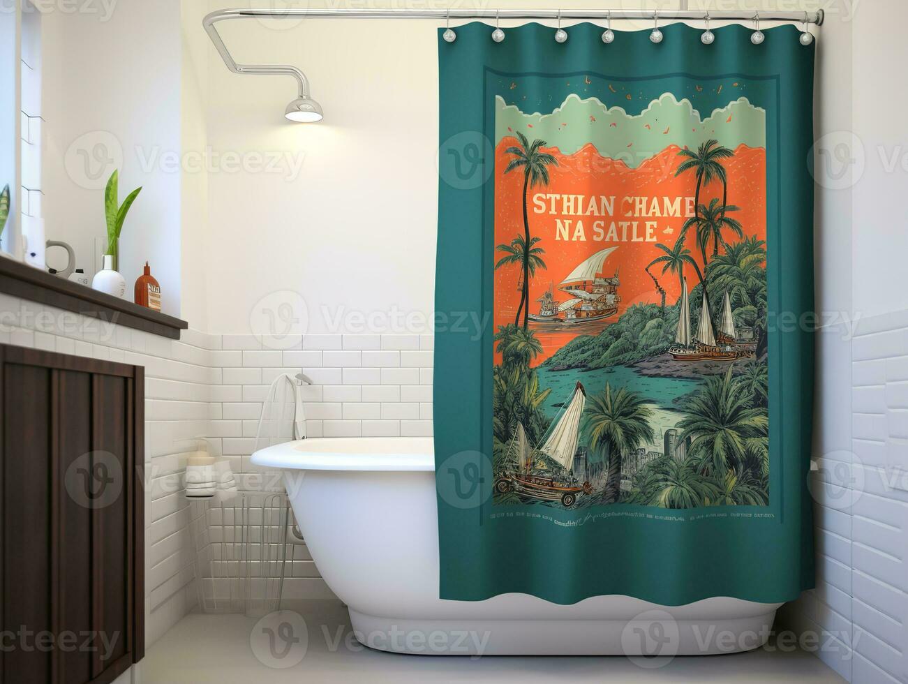 AI generated Stylish Shower Curtain Mockup for Bathroom Decor - AI Generated photo