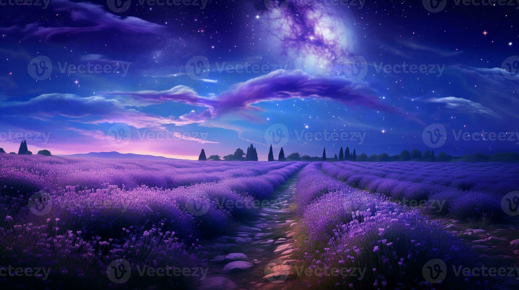 AI generated Moonlit Lavender Field and Starry Sky - AI Generated photo