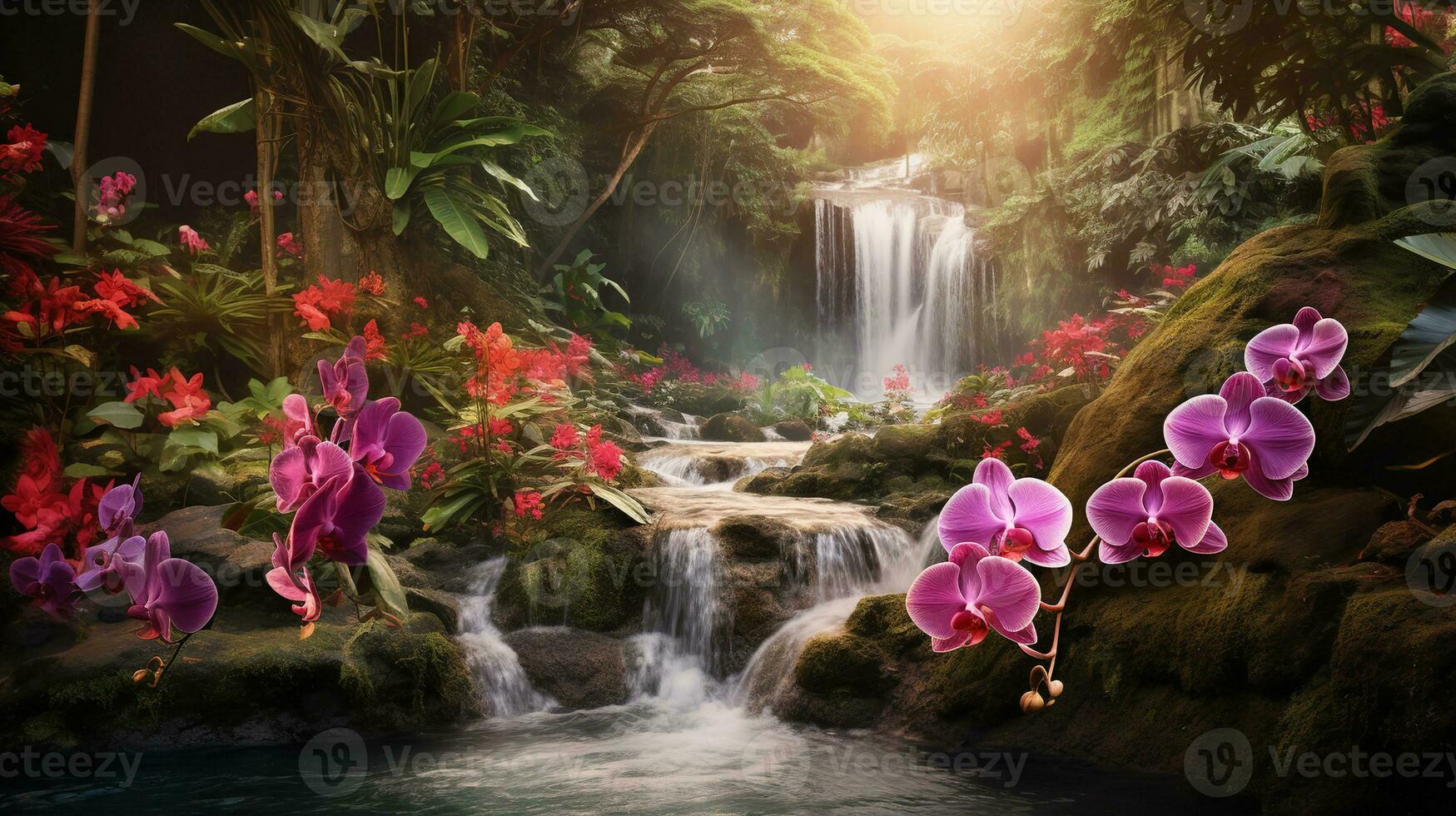 AI generated Tropical Orchid Field and Waterfall - AI Generated photo