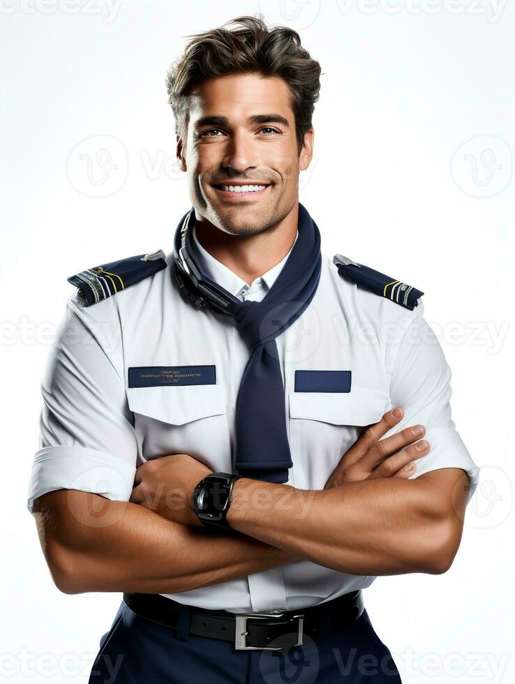 AI generated Skilled Male Pilot Navigating Aircraft, AI Generated photo