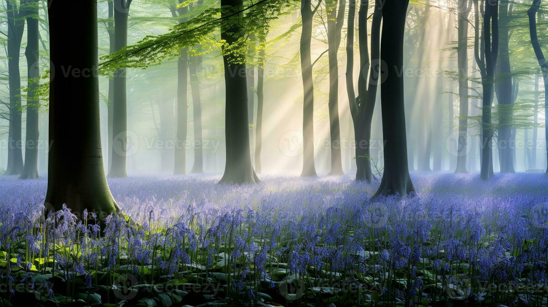 AI generated Misty Bluebell Wood at Dawn - AI Generated photo