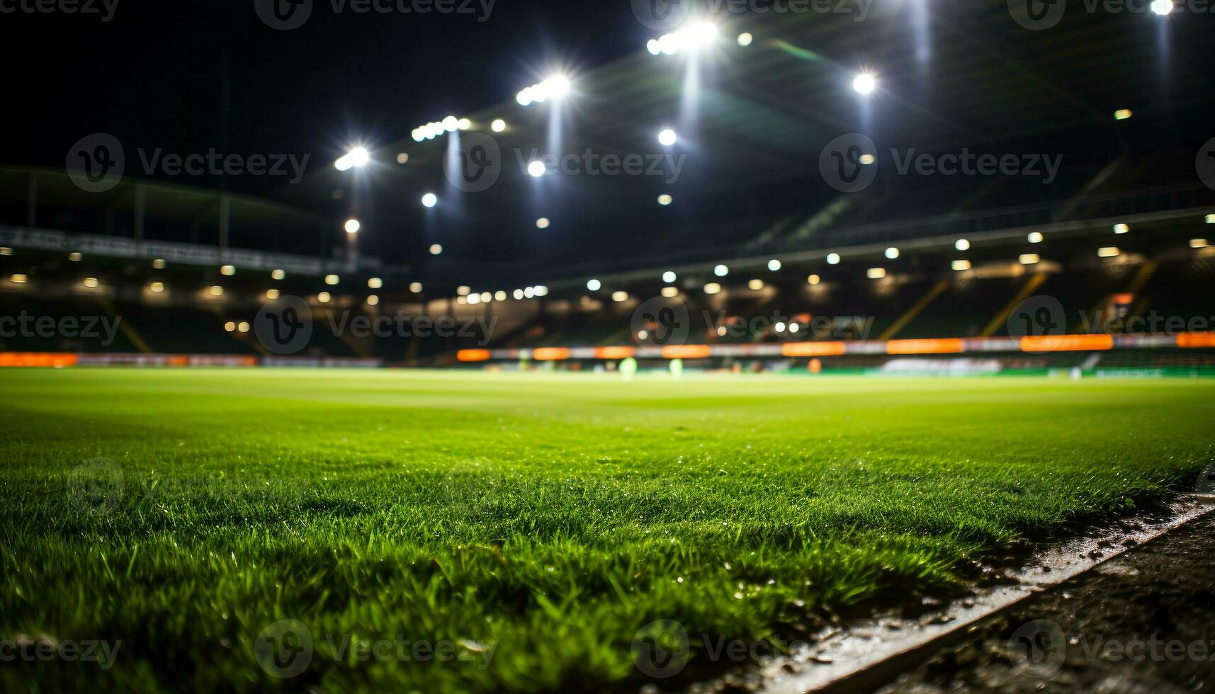 AI generated Bright spotlight illuminates empty soccer field at night generated by AI photo