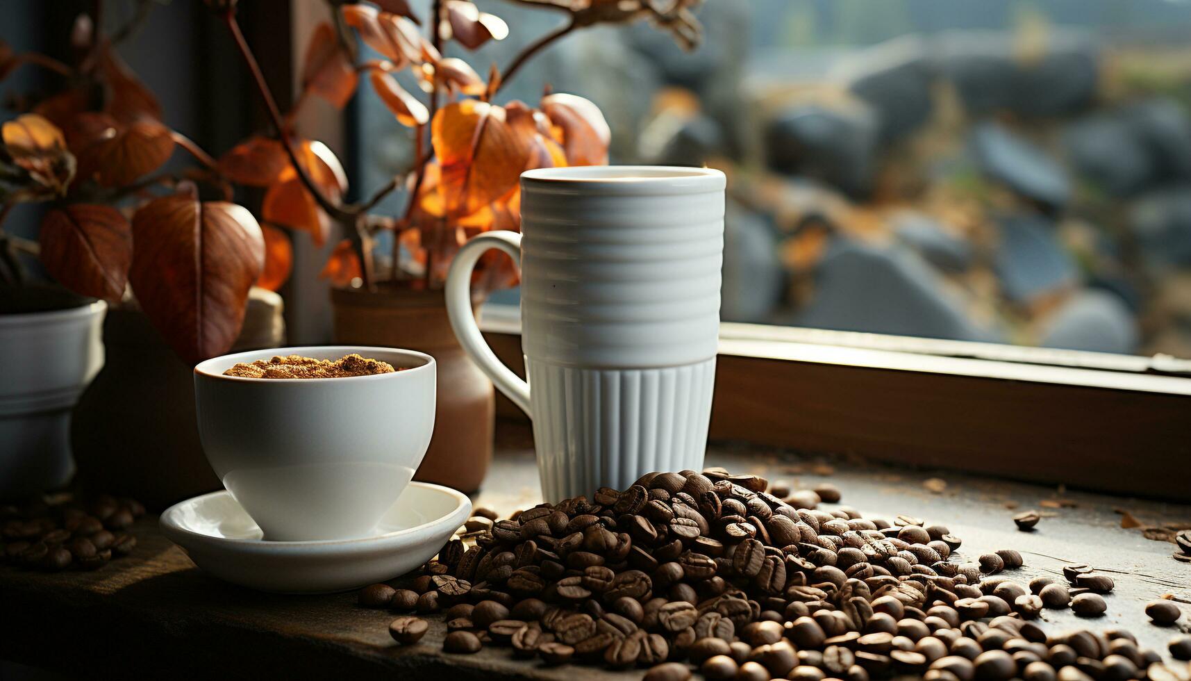 AI generated Fresh coffee bean on wooden table, steam rising from cup generated by AI photo