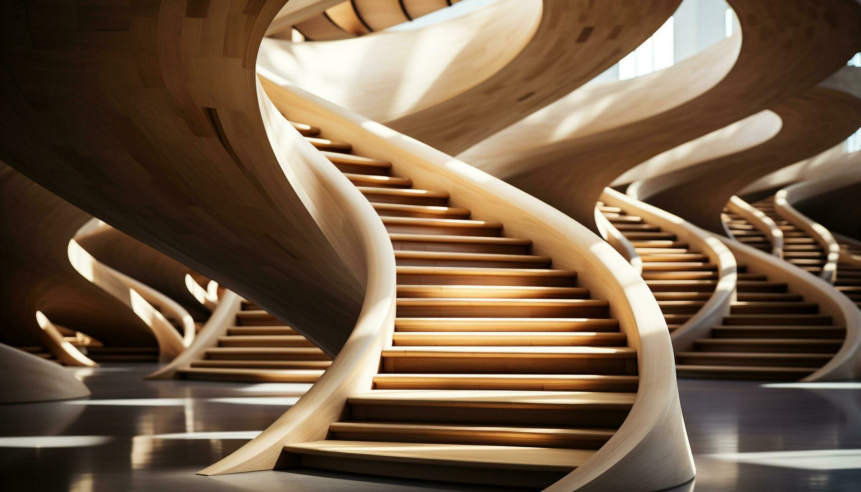 AI generated Abstract staircase design with clean metal railing and wooden flooring generated by AI photo