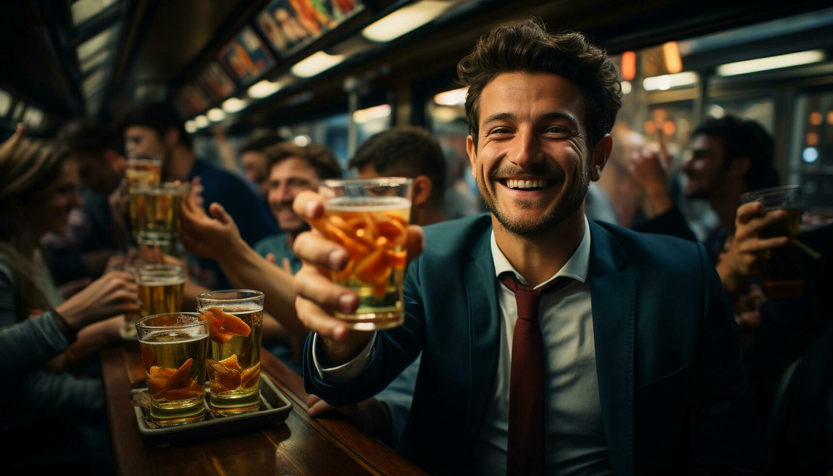 AI generated Group of adults enjoying drinks at a bar after work generated by AI photo