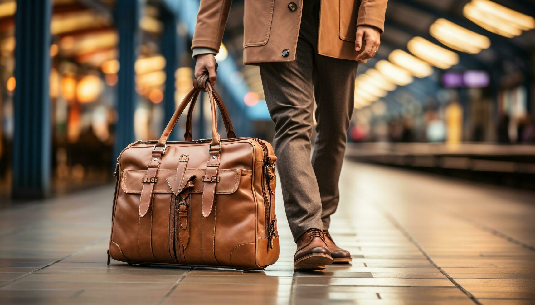 AI generated A stylish businessman walks outdoors, carrying a suitcase for his journey generated by AI photo