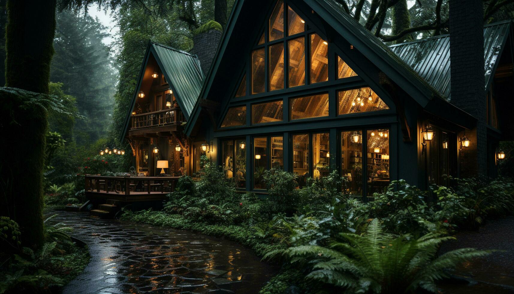 AI generated Illuminated cottage in the dark forest reflects tranquility and beauty generated by AI photo