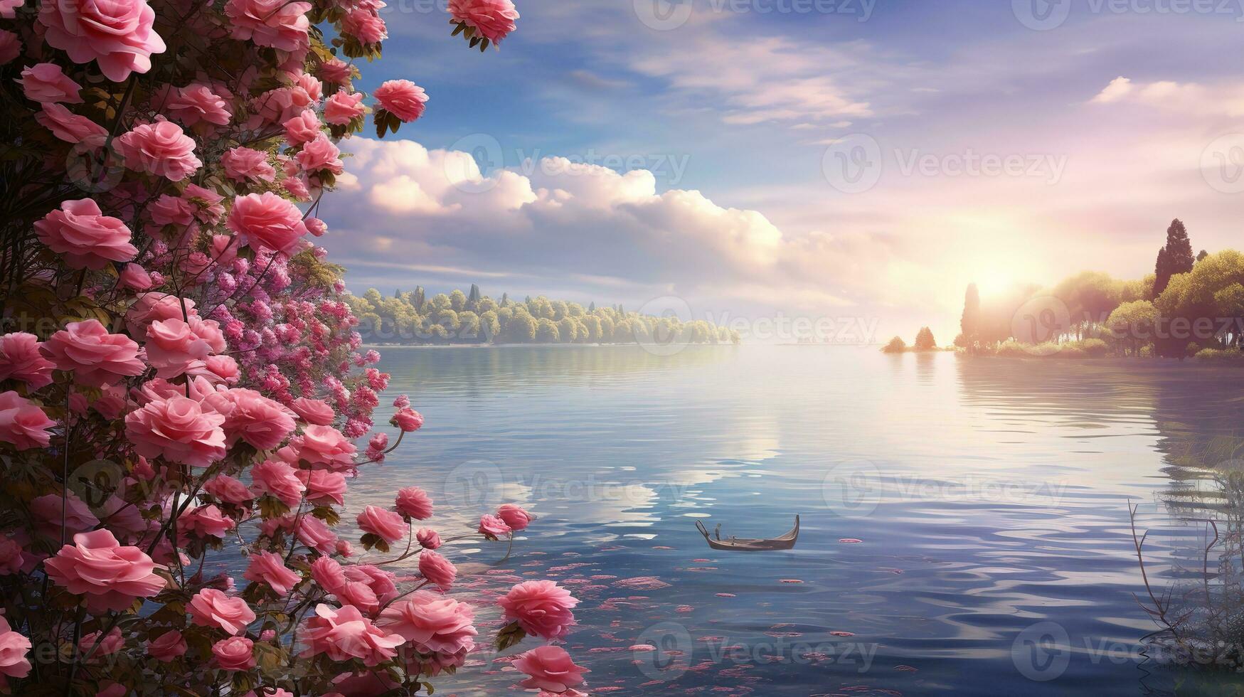 AI generated Lakeside Rose Field Elegance - AI Generated photo